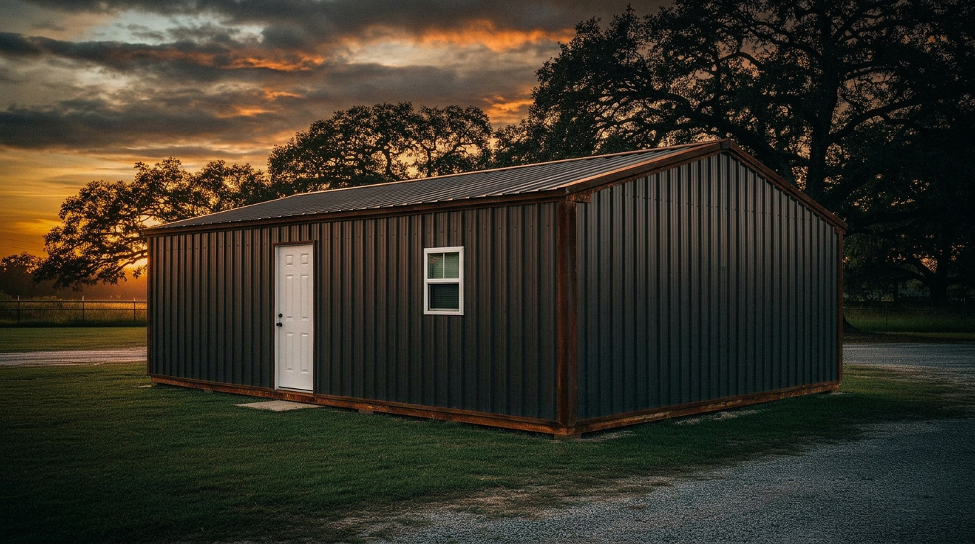 Red iron portable metal building at sunset in Louisiana